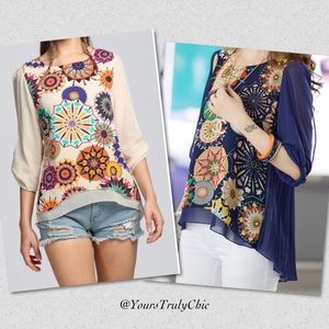Blue Cream Pattern Chiffon Top